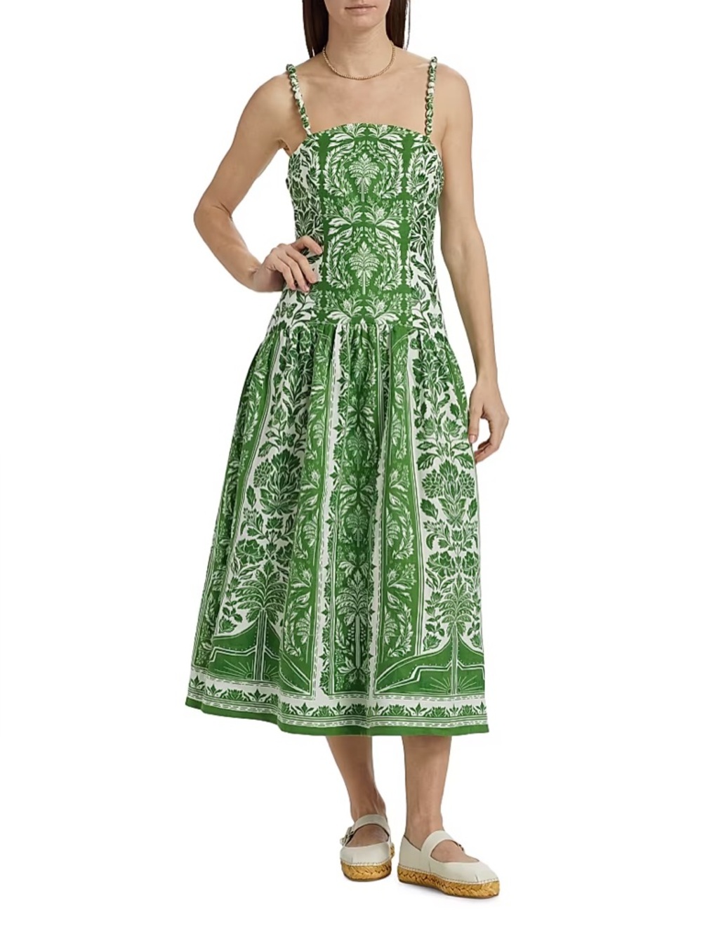 Farm Rio green delicate tapestry linen drop waist midi dress - Picture 6 of 12